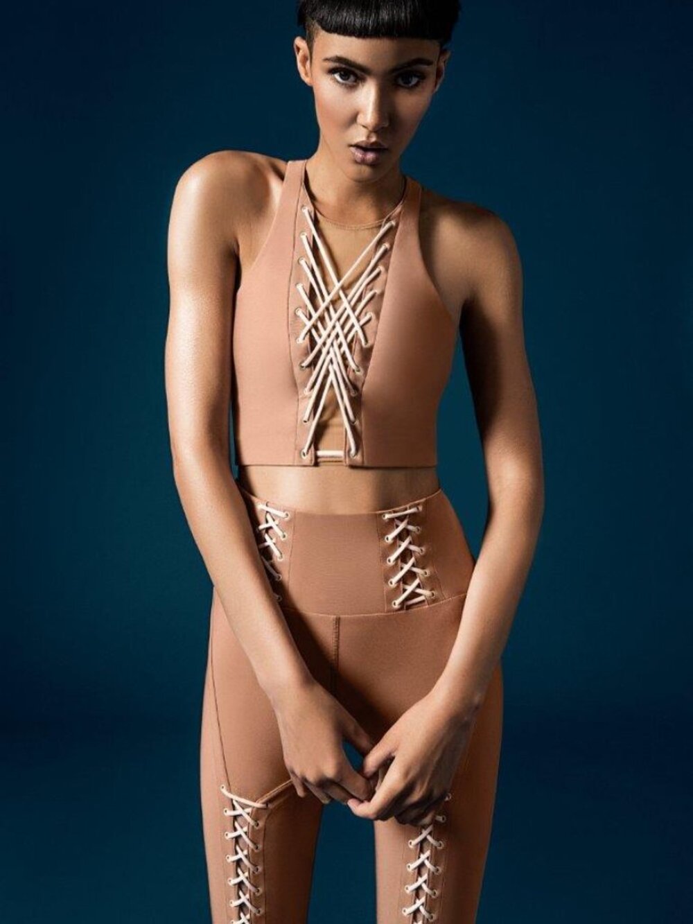 Jonathan Simkhai x Carbon 38 Tan Lace-Up Leggings & Halter Crop Top Set Size S